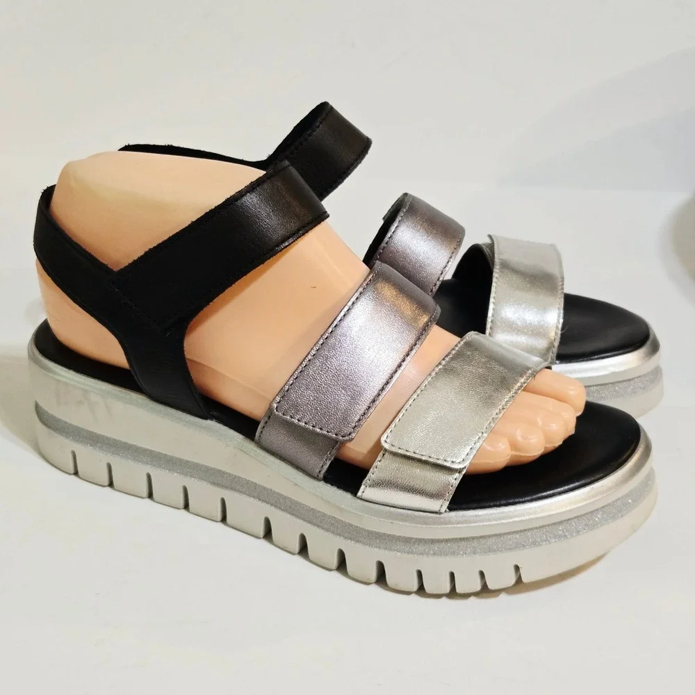 Gabor Platform wedge Sandals 3 Strap 4.5 / 7 Silver Black Metallic 84.620 Comfy